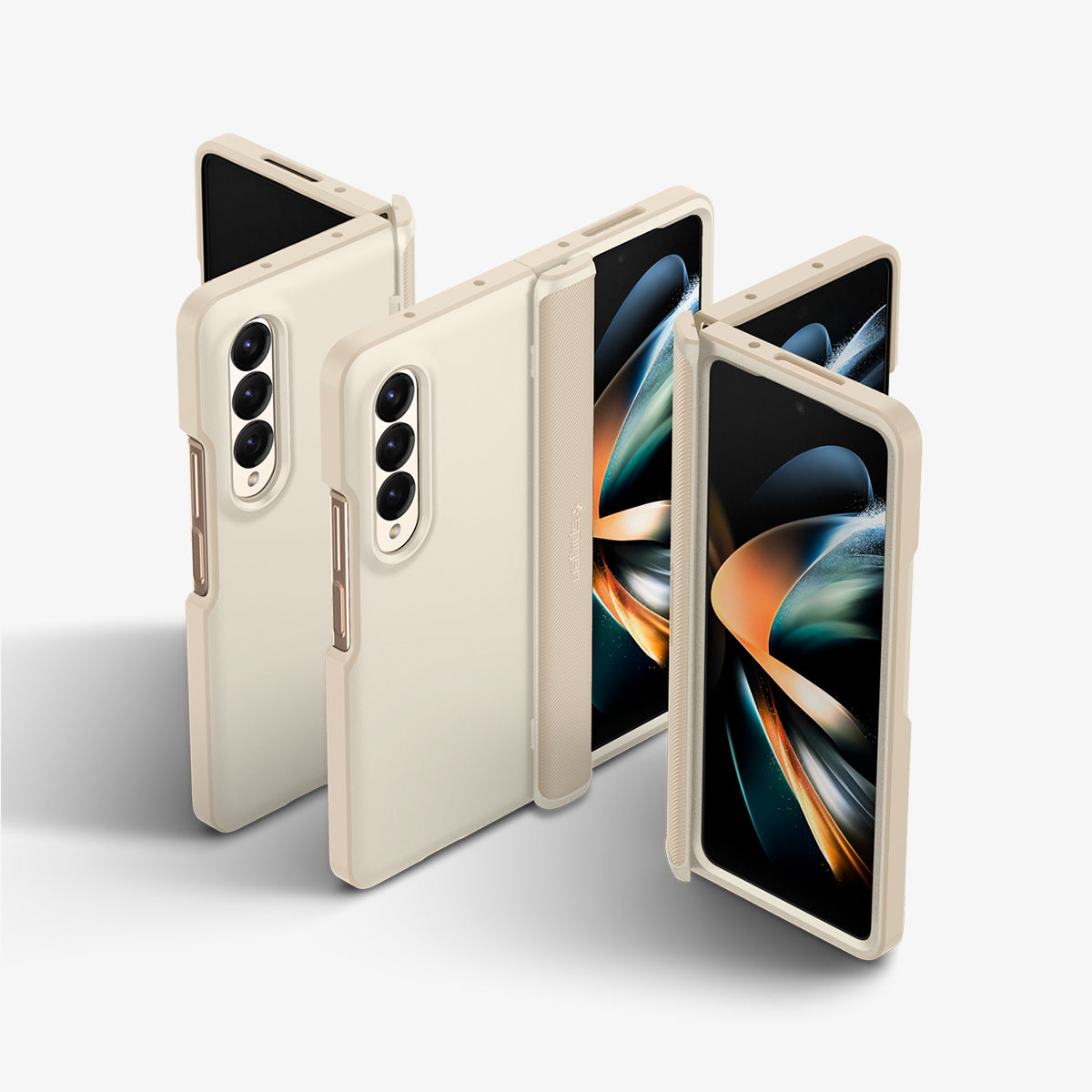 ACS05512 - Galaxy Z Fold 4 Case Galaxy Z Fold 4 Series Slim Armor Pro in Pearled Ivory showing the front, back and partial sides of three devices aligned with each other