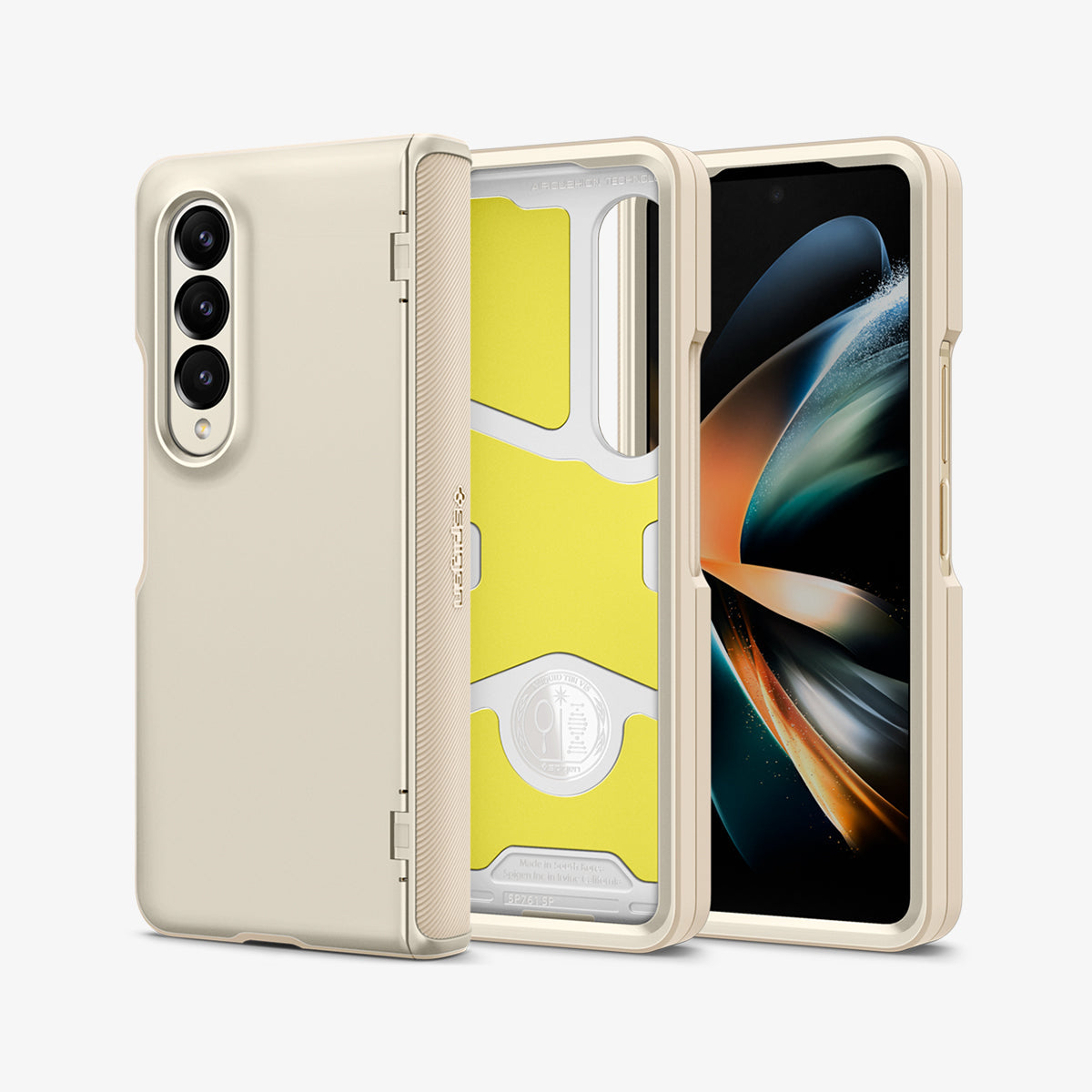 ACS05512 - Galaxy Z Fold 4 Case Galaxy Z Fold 4 Series Slim Armor Pro in Pearled Ivory showing the back, partial side in the middle an inner part of the case with impact foam, behind it, is a device showing front and partial side