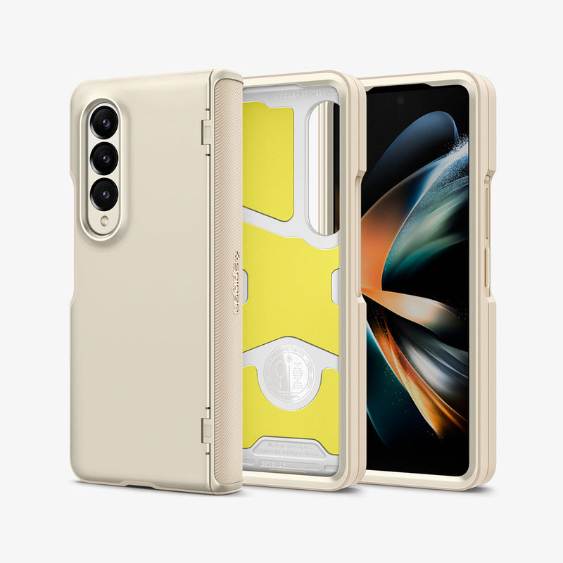 ACS05512 - Galaxy Z Fold 4 Case Galaxy Z Fold 4 Series Slim Armor Pro in Pearled Ivory showing the back, partial side in the middle an inner part of the case with impact foam, behind it, is a device showing front and partial side