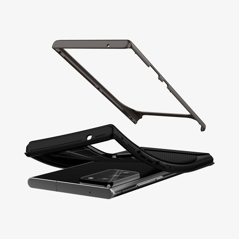 ACS01399 - Galaxy Note 20 Ultra Neo Hybrid Case in gunmetal showing the hard layer of case hovering above the device and soft layer