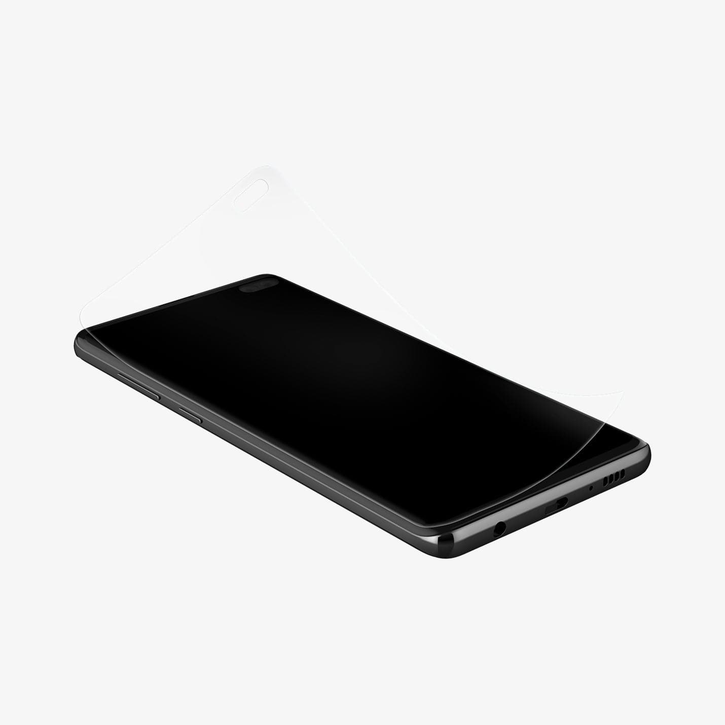 606FL25994 - Galaxy S10 Plus Neo Flex Screen Protector showing the front and side with screen protector slightly lifting in a corner