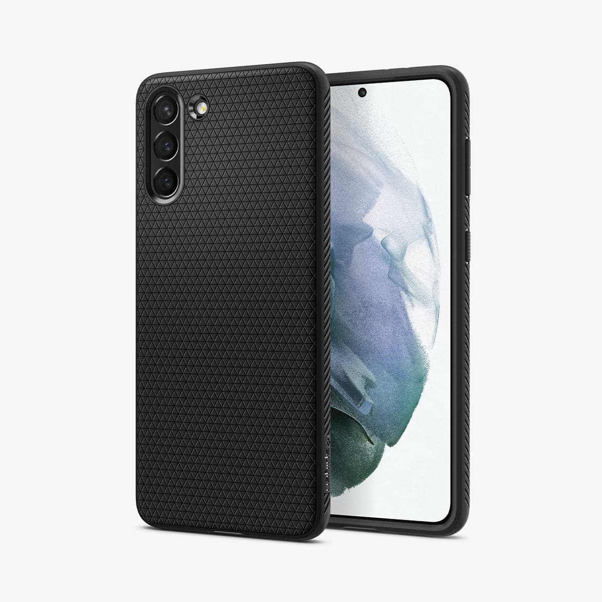 ACS02386 - Galaxy S21 Plus Liquid Air Case in matte black showing the back and front