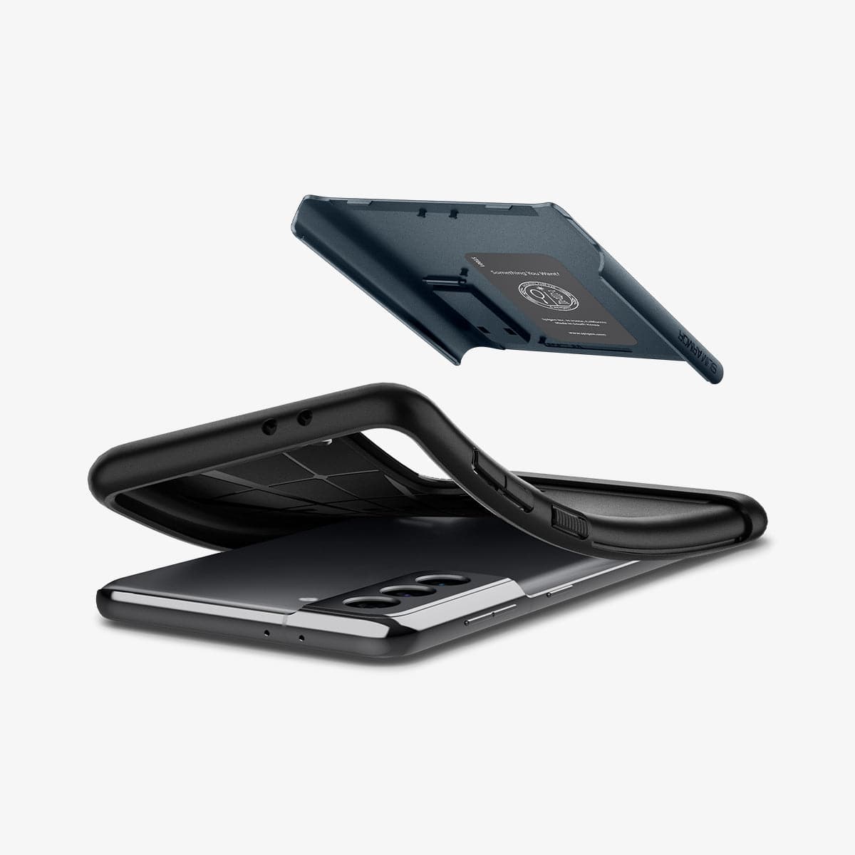 ACS02411 - Galaxy S21 Plus Slim Armor Case in metal slate showing the hard layer of case hovering above the soft layer
