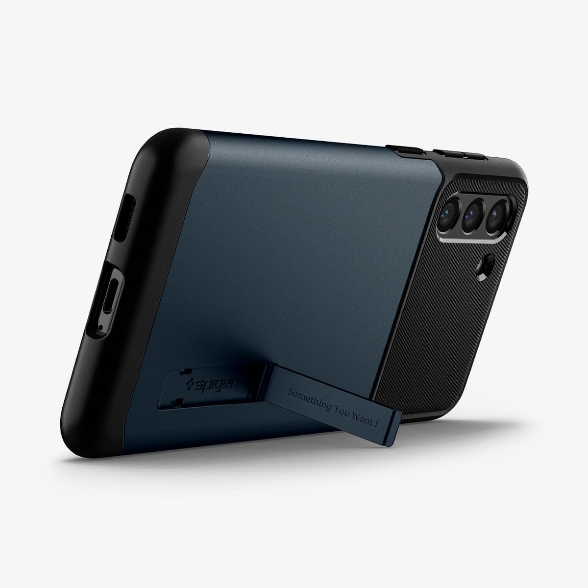 ACS02411 - Galaxy S21 Plus Slim Armor Case in metal slate showing the back and bottom with device propped up by built in kickstand