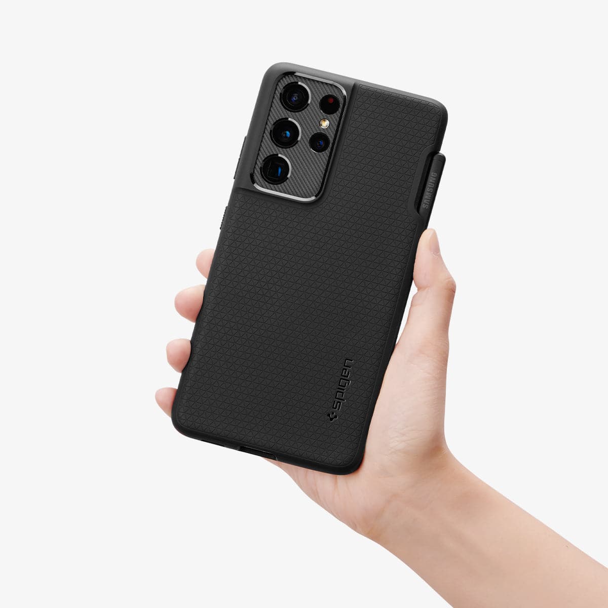 ACS02831 - Galaxy S21 Series Case Liquid Air Pro in matte black showing the device in someone's hand
