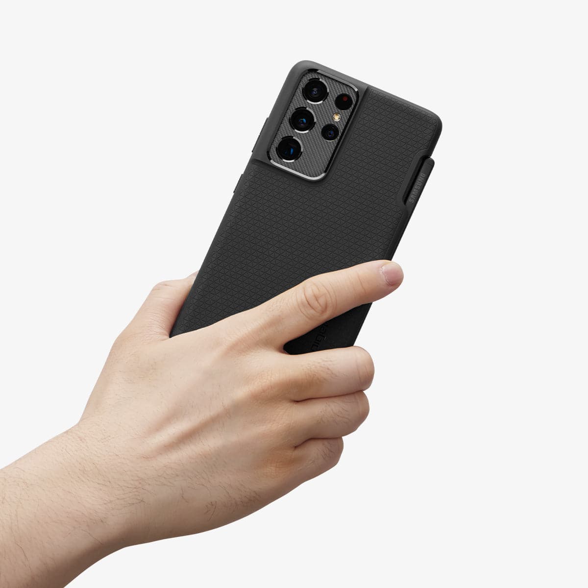 ACS02831 - Galaxy S21 Series Case Liquid Air Pro in matte black showing the device in someone's hand