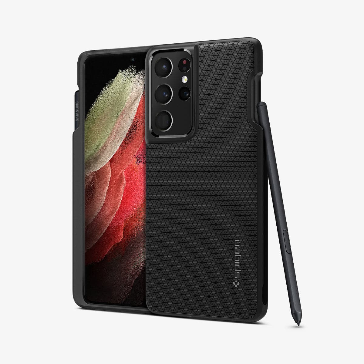 ACS02831 - Galaxy S21 Series Case Liquid Air Pro in matte black showing the back and front with s pen leaning against device