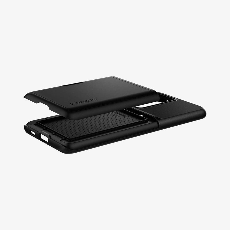 ACS02357 - Galaxy S21 Ultra Slim Armor CS Case in black showing the card slot layer hovering above the case