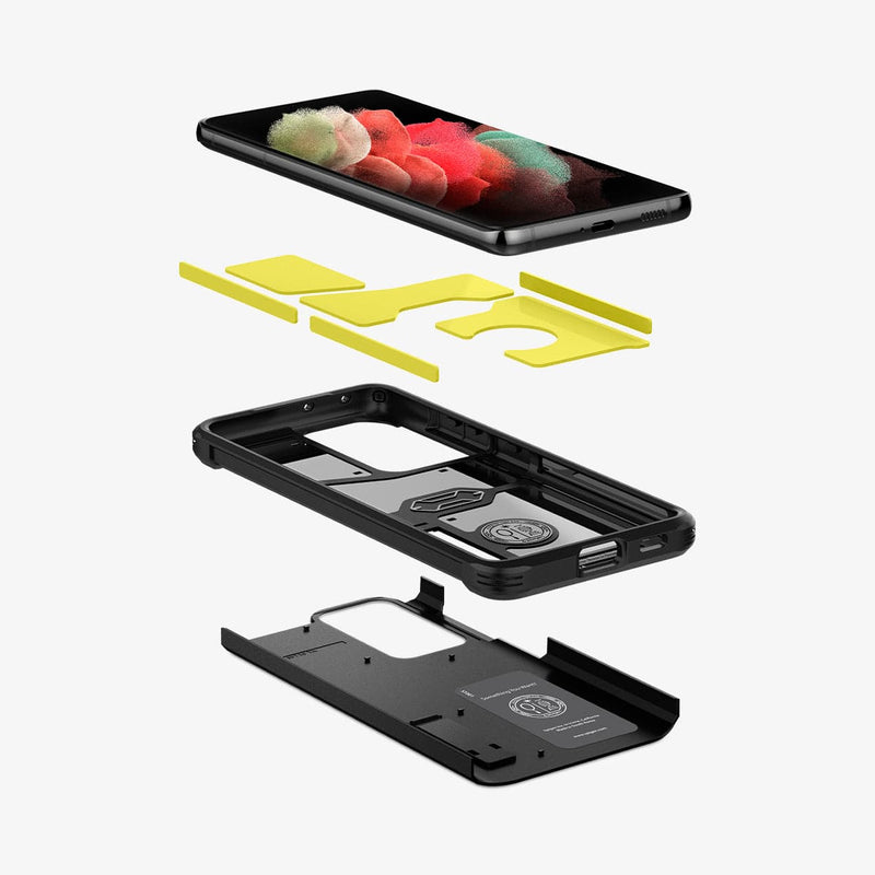 ACS02354 - Galaxy S21 Ultra Tough Armor Case in black showing the hard pc, soft tpu, impact foam and device