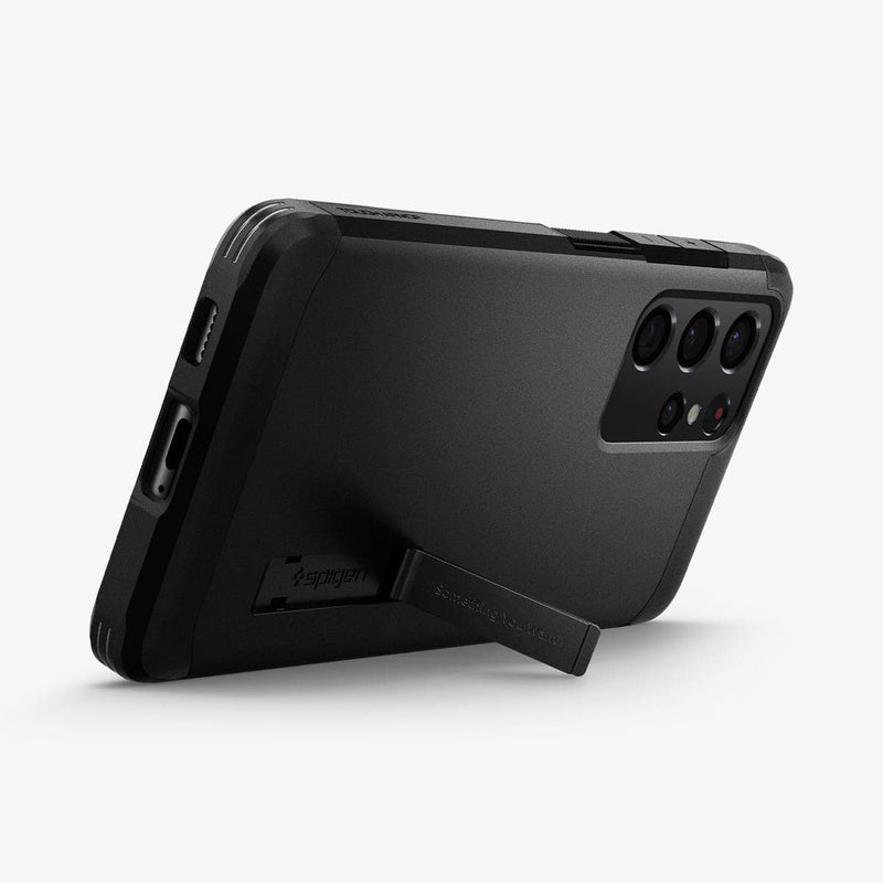 ACS02354 - Galaxy S21 Ultra Tough Armor Case in black showing the back with device propped up by built in kickstand