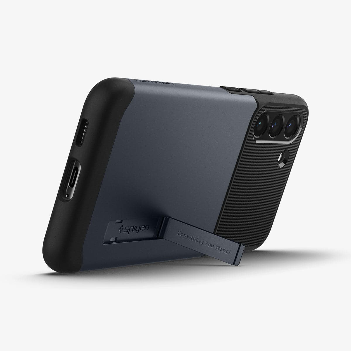 ACS04014 - Galaxy S22 5G Case Slim Armor in metal slate showing the back and bottom with device propped up by built in kickstand