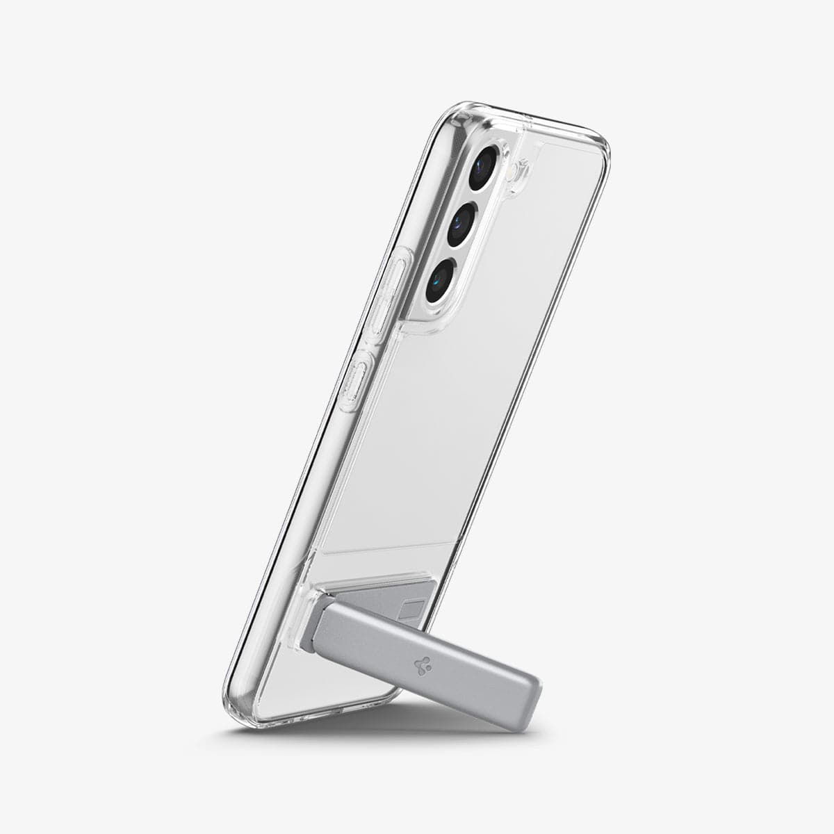 ACS04015 - Galaxy S22 5G Case Slim Armor Essential S in crystal clear showing the device propped up by built in kickstand