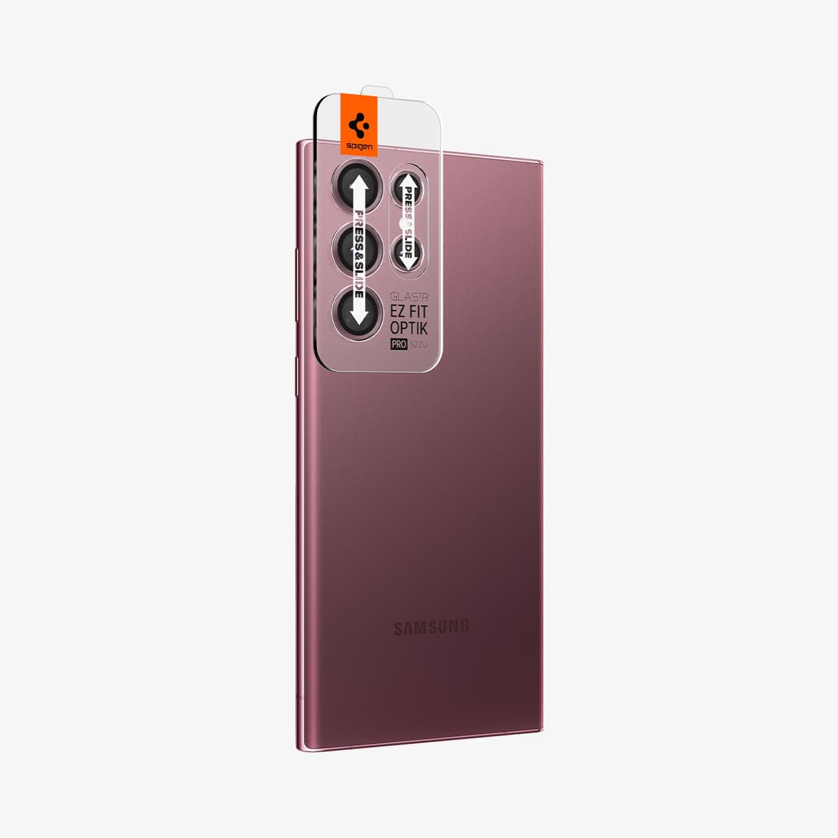 AGL04752 - Galaxy S22 Ultra EZ Fit Optik Pro Lens Protector Glass.tR in burgundy showing the ez fit lens protector being installed onto camera lens