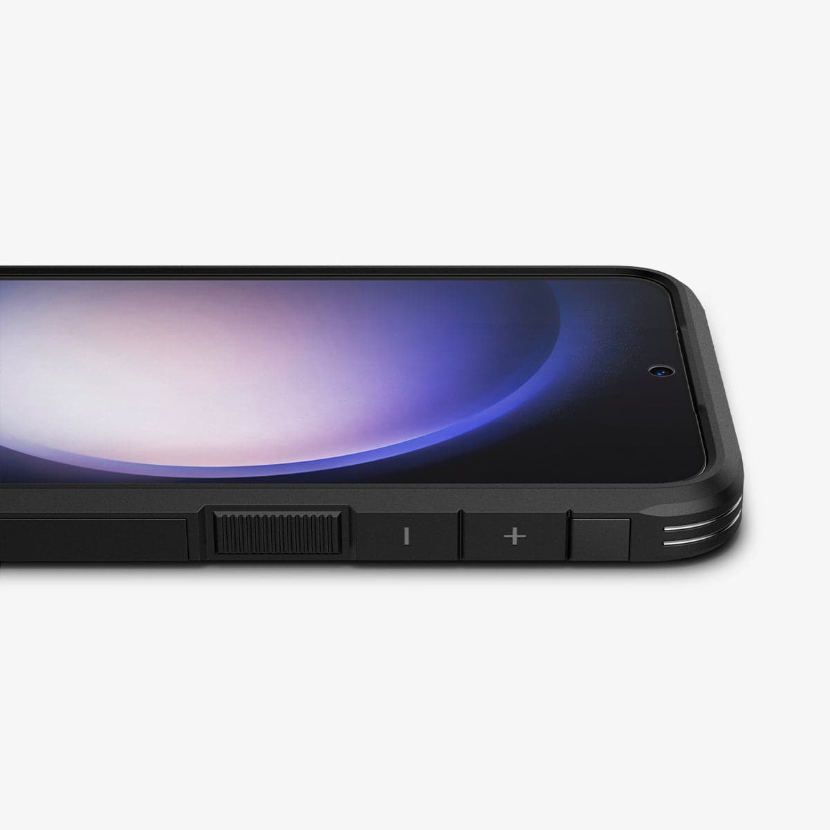 AFL05951 - Galaxy S23 Plus Screen Protector Neo Flex Solid showing the side and partial front with device laying flat with case