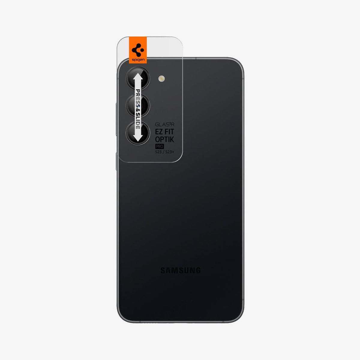 AGL05962 - Galaxy S23 Plus / S23 EZ Fit Optik Pro Lens Protector in black showing the ez fit tray on camera lens