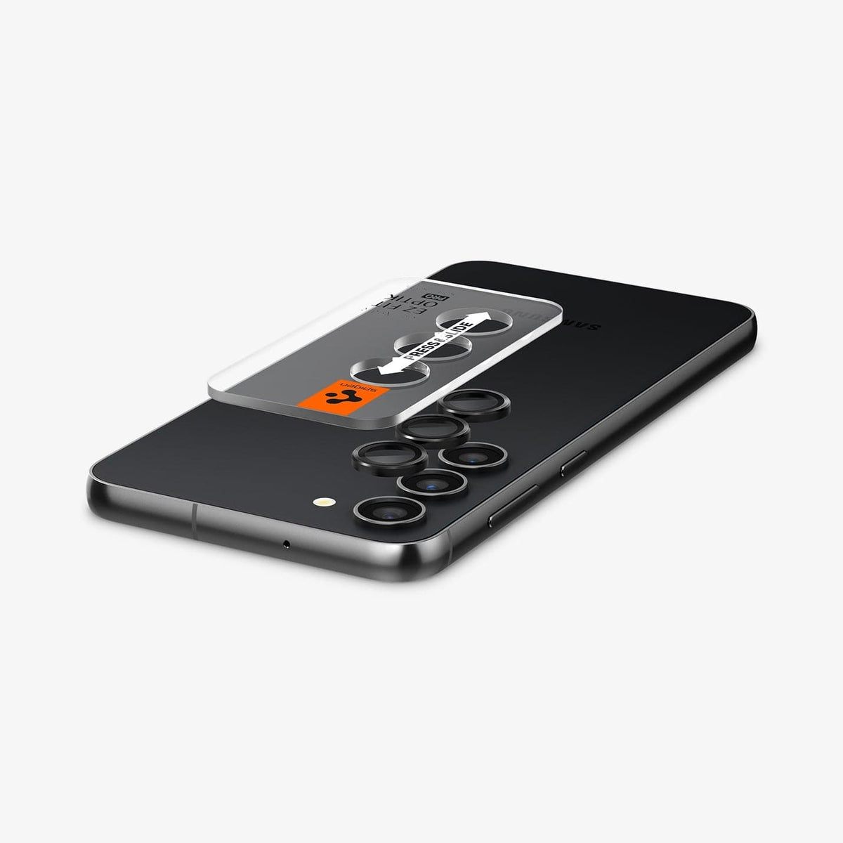 AGL05962 - Galaxy S23 Plus / S23 EZ Fit Optik Pro Lens Protector in black showing the device laying flat and ez fit tray hovering above