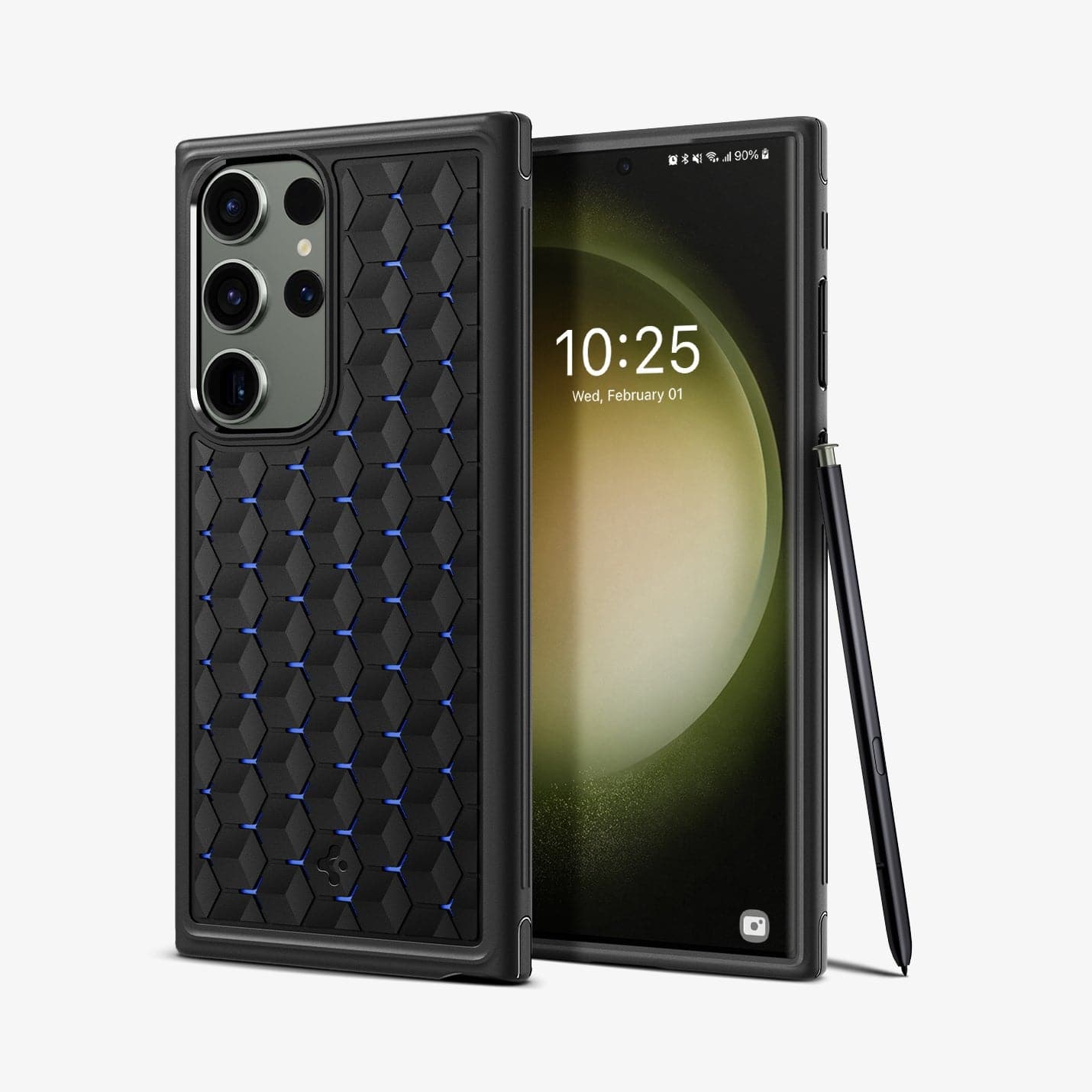 ACS05616 - Galaxy S23 Ultra Case Cryo Armor in matte black showing the back and front with s pen leaning against device