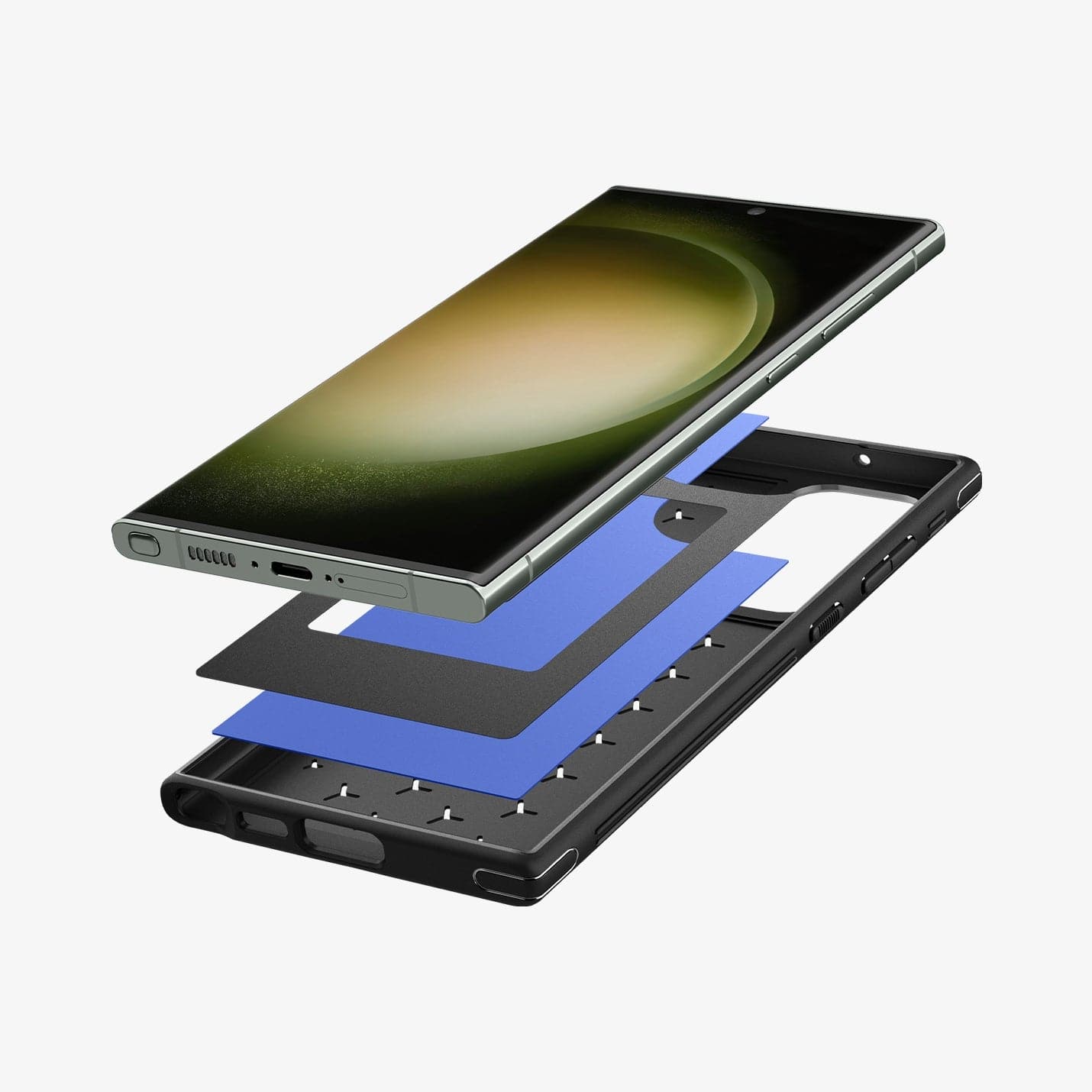 ACS05616 - Galaxy S23 Ultra Case Cryo Armor in matte black showing the device hovering above the multiple layers of case