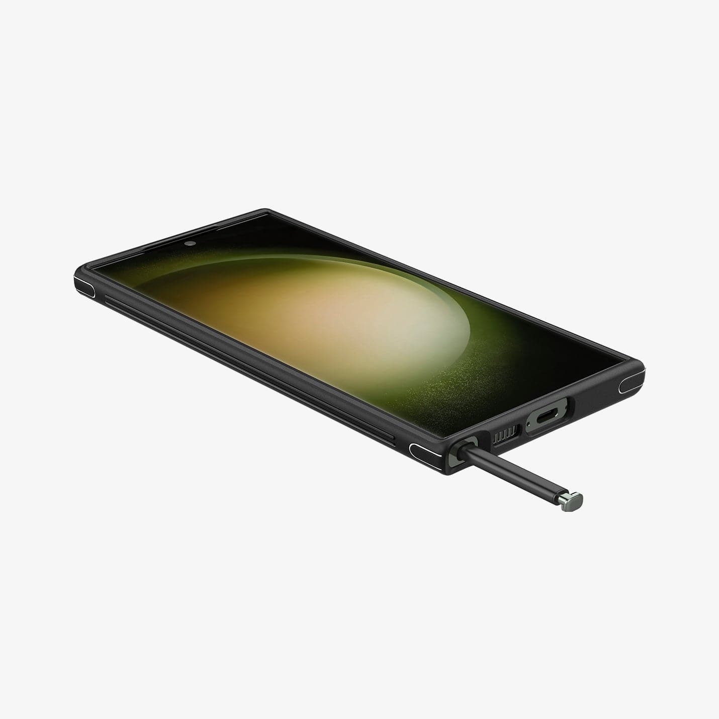 ACS05616 - Galaxy S23 Ultra Case Cryo Armor in matte black showing the front, side and bottom with s pen sticking out of slot