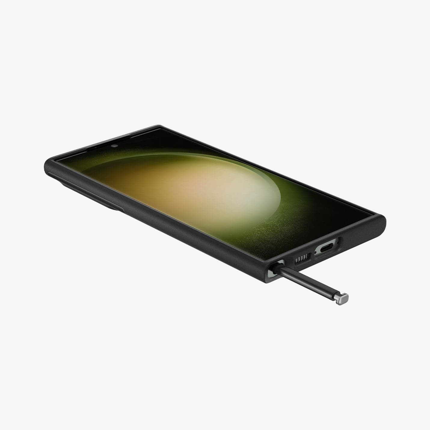 ACS05639 - Galaxy S23 Ultra Case Optik Armor in black showing the front, side and bottom with s pen sticking out of slot