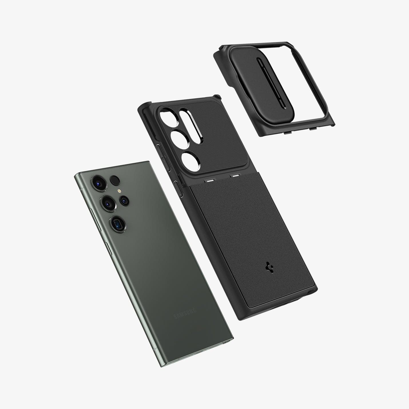ACS05639 - Galaxy S23 Ultra Case Optik Armor in black showing the multiple layers of lens protector and case hovering above device