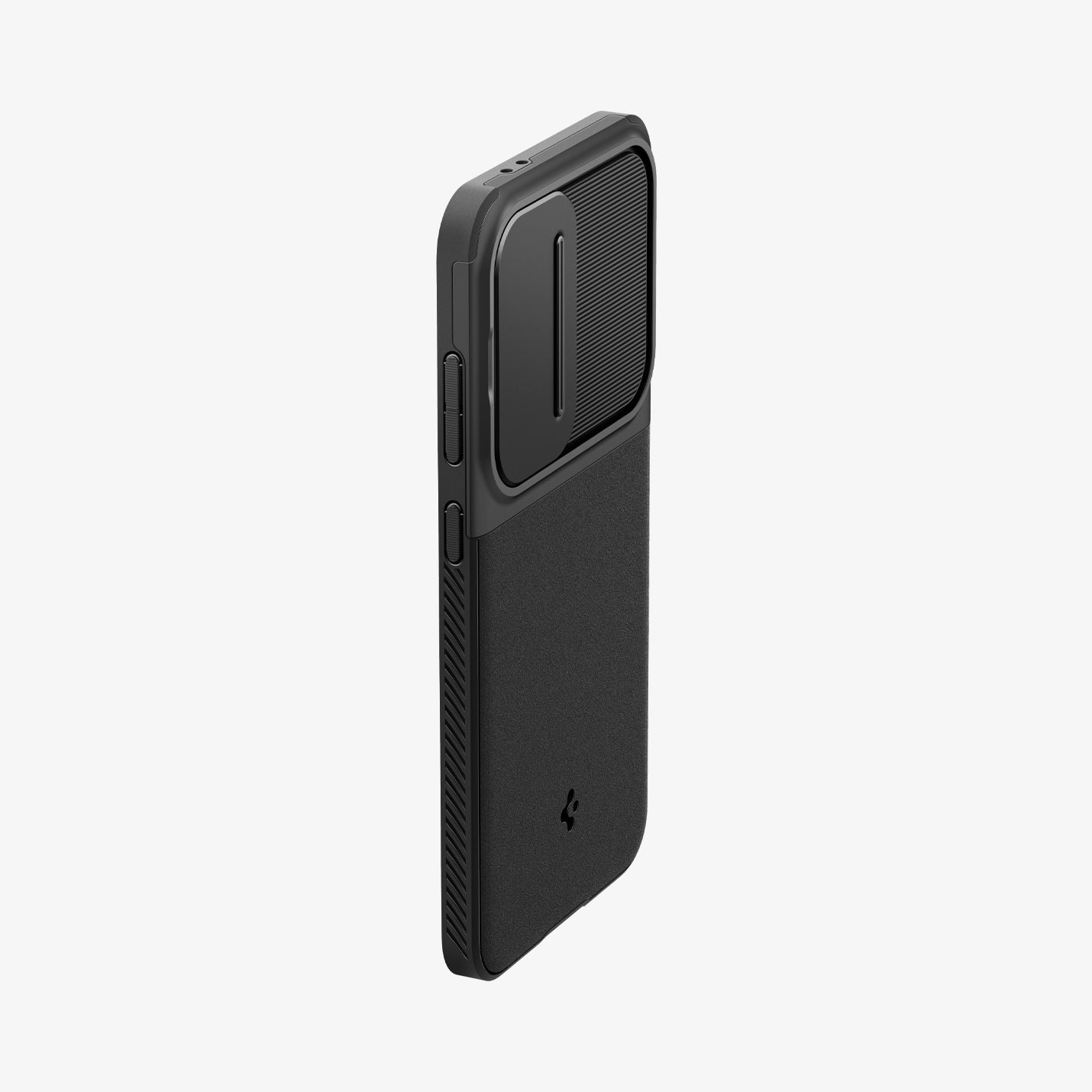 ACS08626 - Galaxy S24 FE Case Optik Armor in Black showing the back, partial side with volume buttons camera slider closed