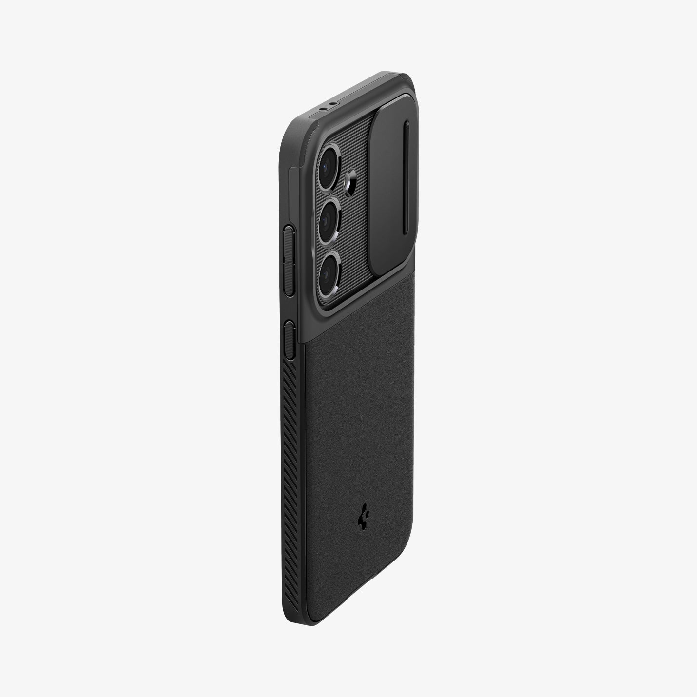 ACS08626 - Galaxy S24 FE Case Optik Armor in Black showing the back, partial side with volume buttons and camera slider open