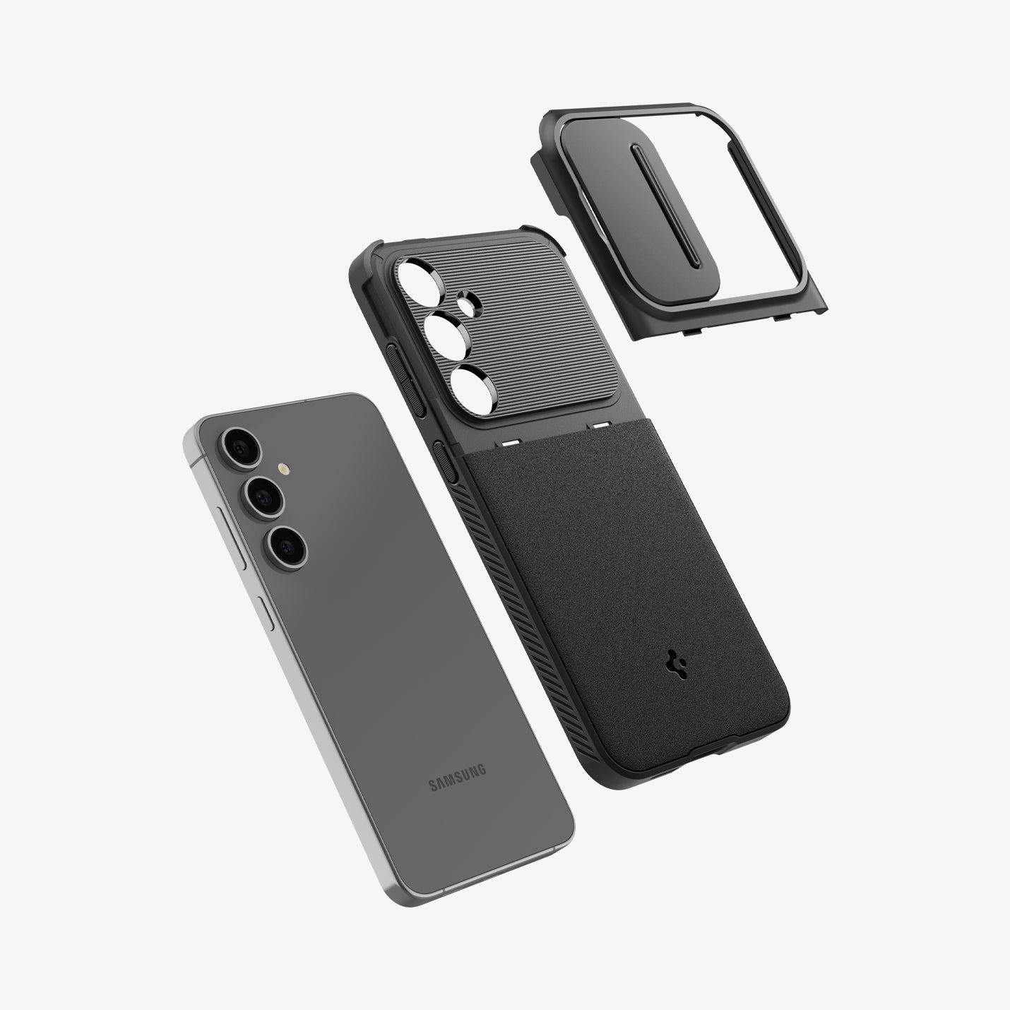 ACS08626 - Galaxy S24 FE Case Optik Armor in Black showing the camera cover, detached and hovering above the back of the case and the device