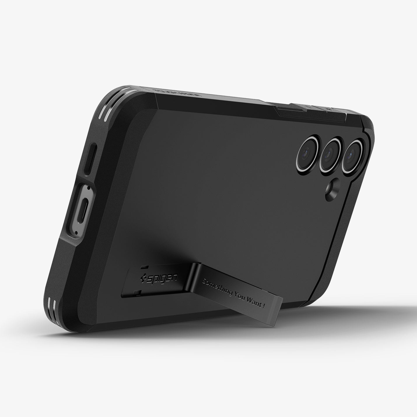 ACS08623 - Galaxy S24 FE Case Tough Armor (MagFit) in Black showing the back, partial side and bottom with a built-in kickstand propped up