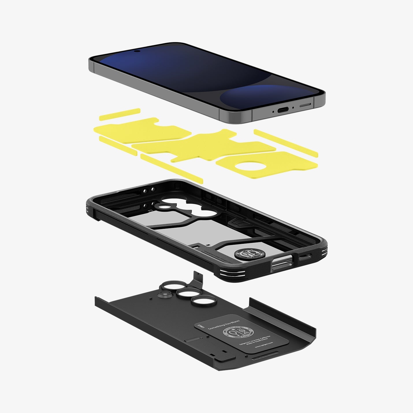 ACS08623 - Galaxy S24 FE Case Tough Armor (MagFit) in Black showing the front of device hovering above the impact foam detached from frame and hard layer of the case