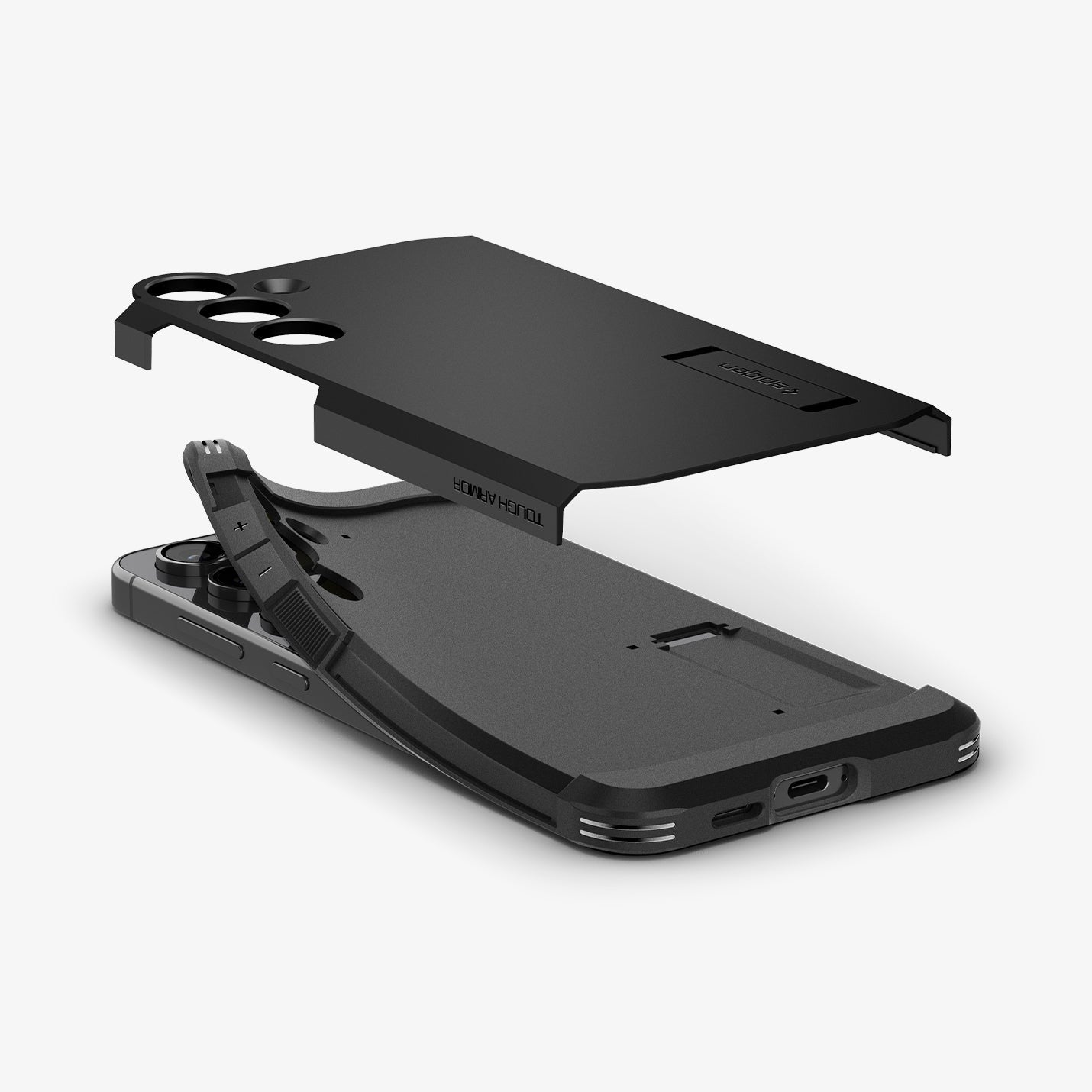 ACS08623 - Galaxy S24 FE Case Tough Armor (MagFit) in Black showing the outer back layer detached, hovering above the tpu backing of the case