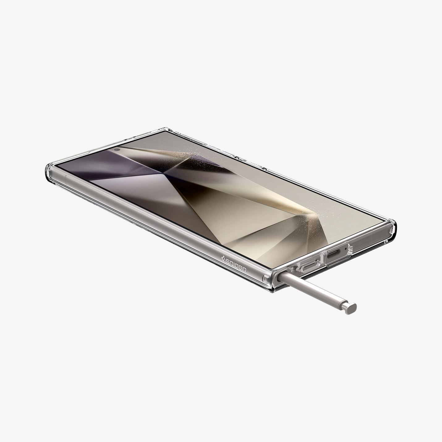 ACS07222 - Galaxy S24 Ultra Case Ultra Hybrid Metal Ring (MagFit) in Black showing the front of device, on a flat surface with stylus pen sticking out
