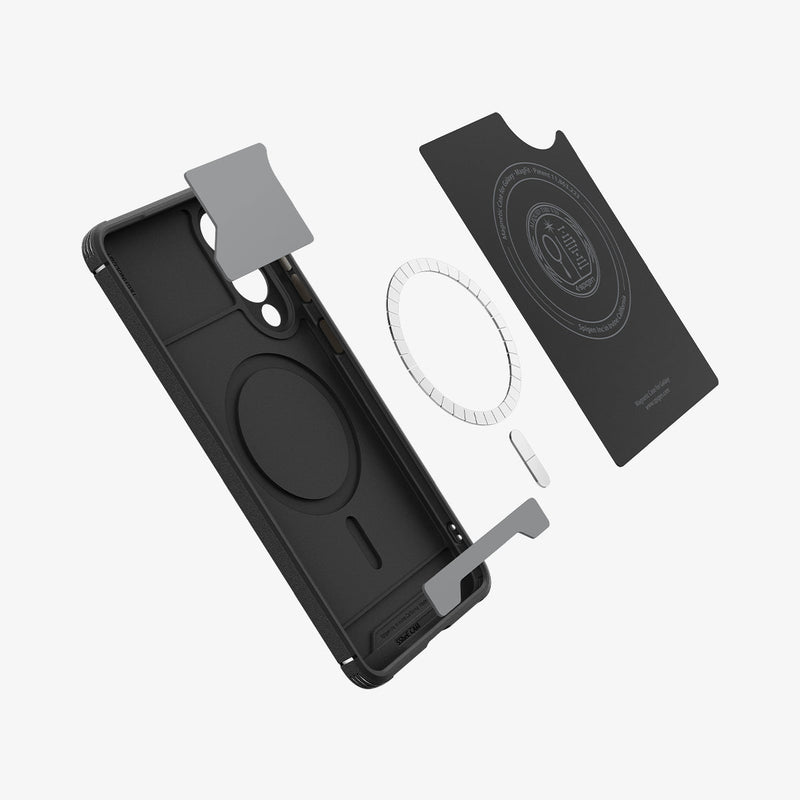 ACS09406 - Galaxy S25 Edge Case Core Armor (MagFit) in Matte Black showing the inner layer with logo detached while hovering above the detached magnet ring, foam and the case
