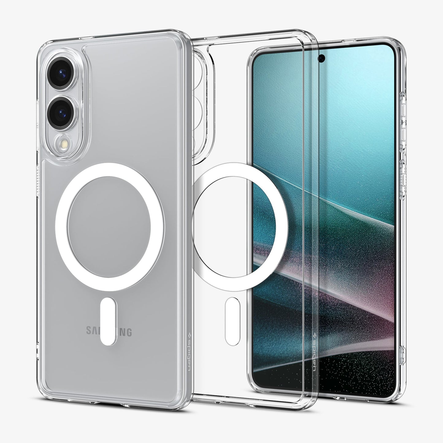 ACS09418 - Galaxy S25 Edge Case Ultra Hybrid (MagFit) in Clear White showing the back with device attached, partial back of case and partial front