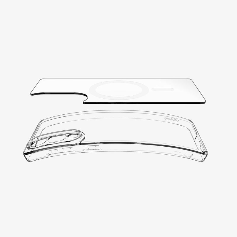 ACS09418 - Galaxy S25 Edge Case Ultra Hybrid (MagFit) in Clear White showing the back layer detached while hovering above the tpu frame slightly bent upward