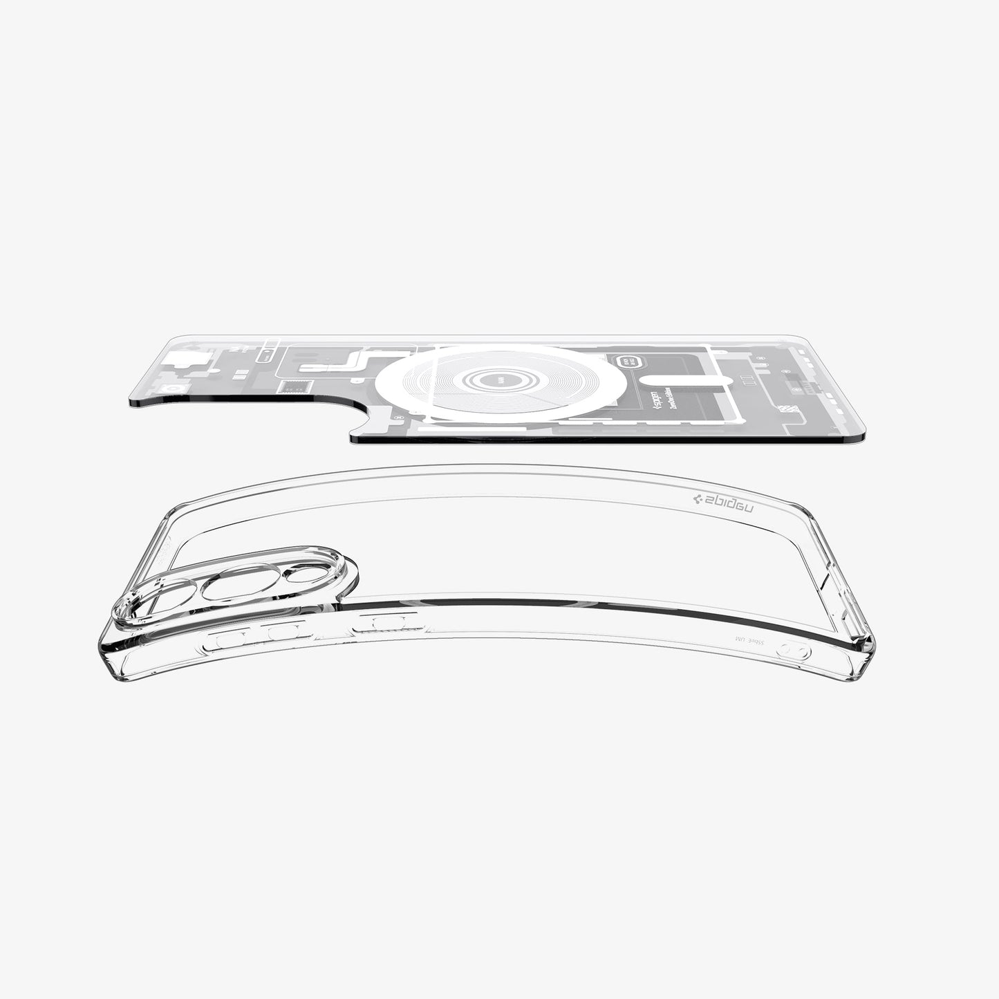 ACS09417 - Galaxy S25 Edge Case Ultra Hybrid Zero One in Zero One White showing the back layer detached while hovering above the tpu frame slightly bent upward