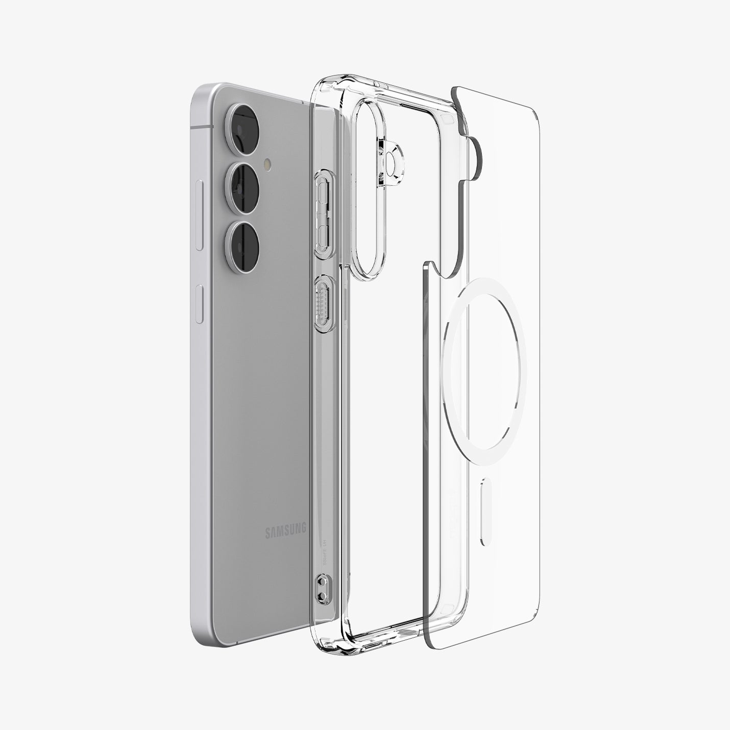 ACS10027 - Galaxy S25 FE Case Ultra Hybrid Metal Ring (MagFit) in crystal clear showing the layers of case hovering behind the device
