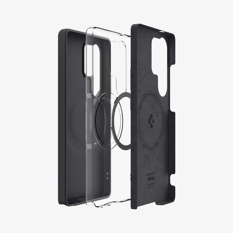 ACS09017 - Galaxy S25 Ultra Case Silicone Fit (MagFit + Qi2 Ready) in Black showing the soft inner layer aligning in front of the detached metalring, 2nd layer and back cover of the case