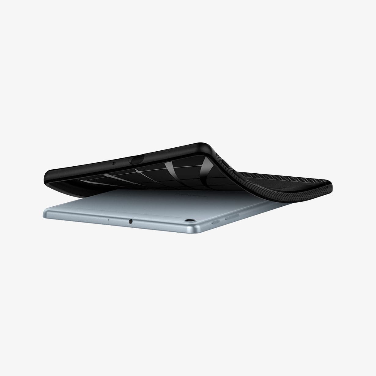 623CS26448 - Galaxy Tab A 10.1" Case Rugged Armor in matte black showing the device laying flat and case bending away to show the flexibility
