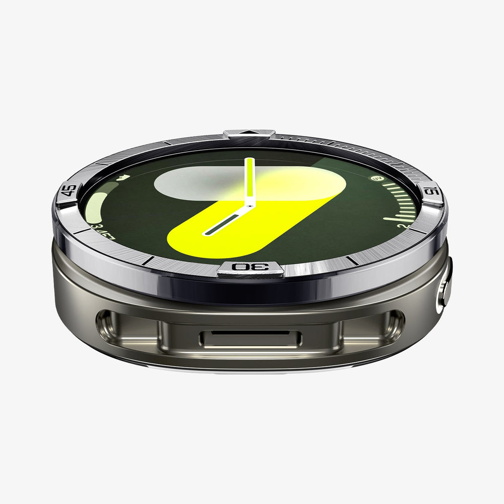 ACS10009 - Galaxy Watch 9 Bezel Tune in sliver showing the front and bottom of watch face