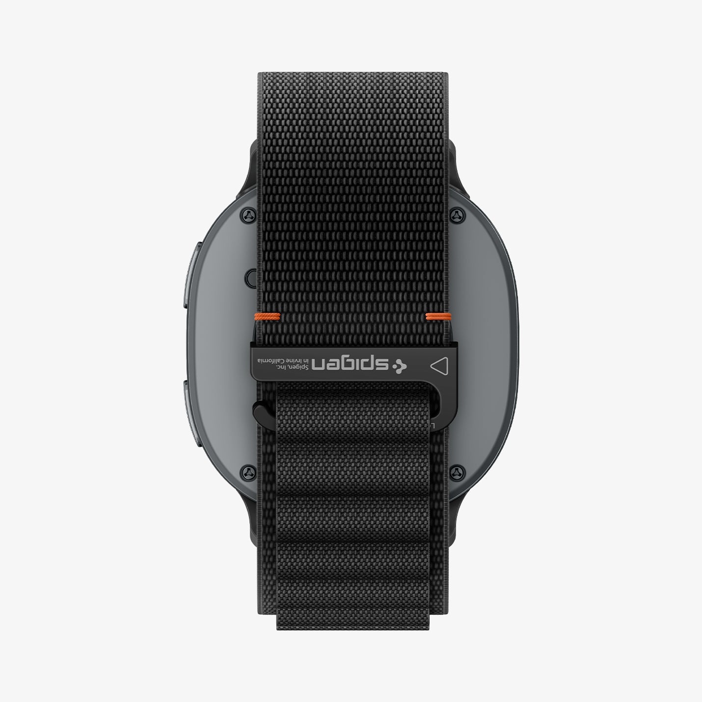 AMP11607 - Galaxy Watch 9 Series WBF1 showing Galaxy Watch 9 watch back with nylon band and Spigen logo detail