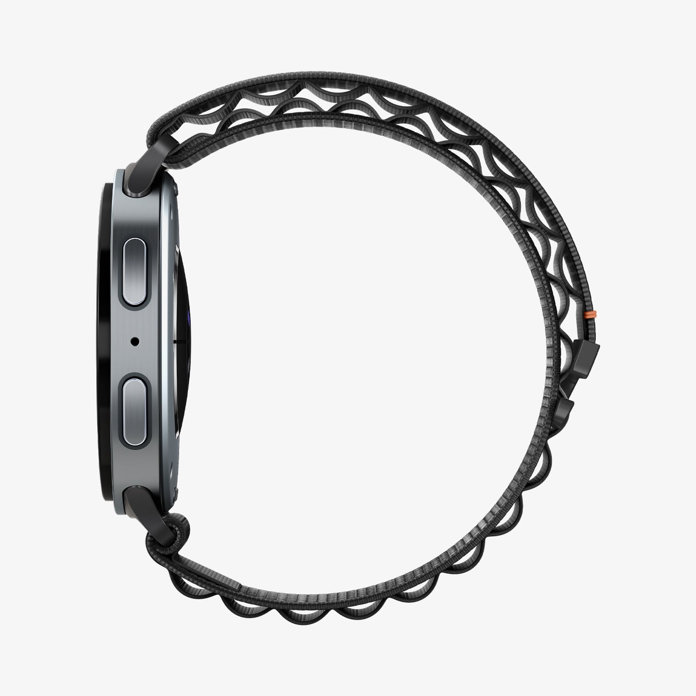 AMP11607 - Galaxy Watch 9 Series WBF1 showing side profile of Galaxy Watch 9 watch with woven nylon band wrapped around