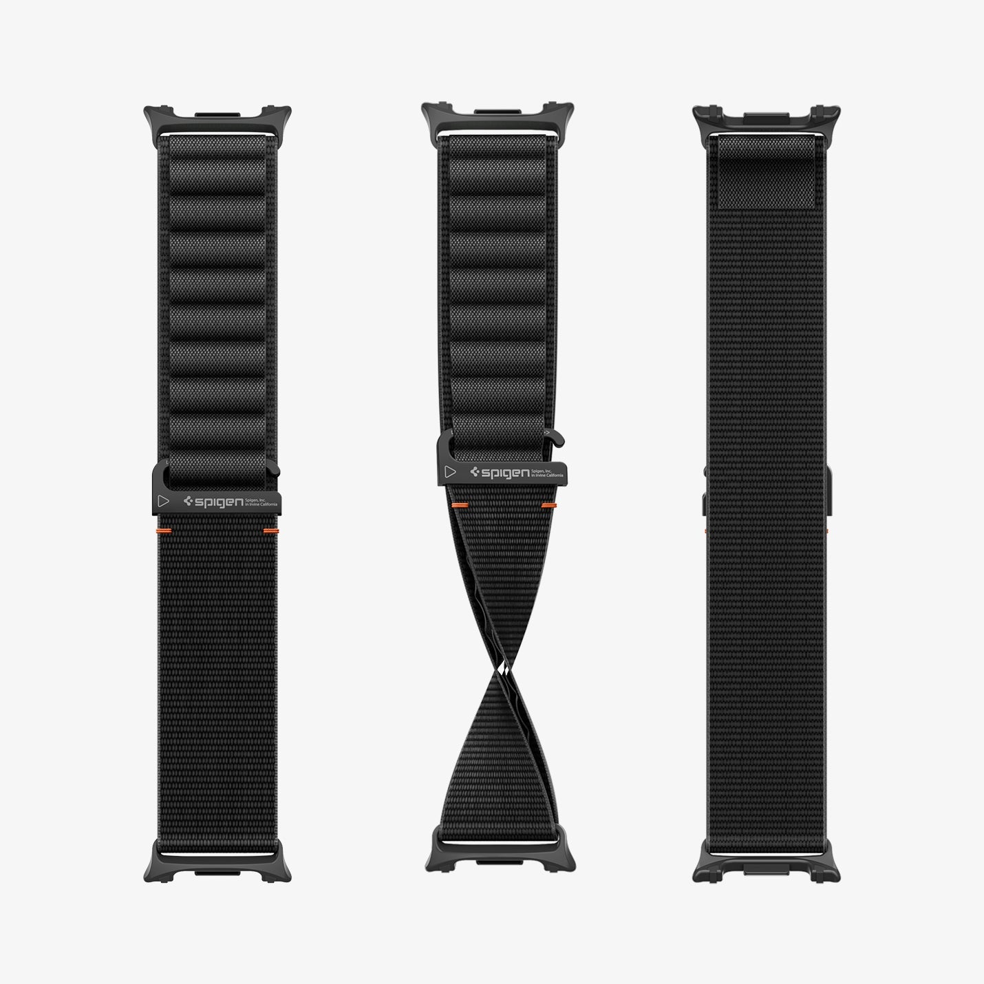 AMP11607 - Galaxy Watch 9 Series WBF1 showing three nylon adventure band pieces for Galaxy Watch 9 in front, back, and twisted views with hook buckle