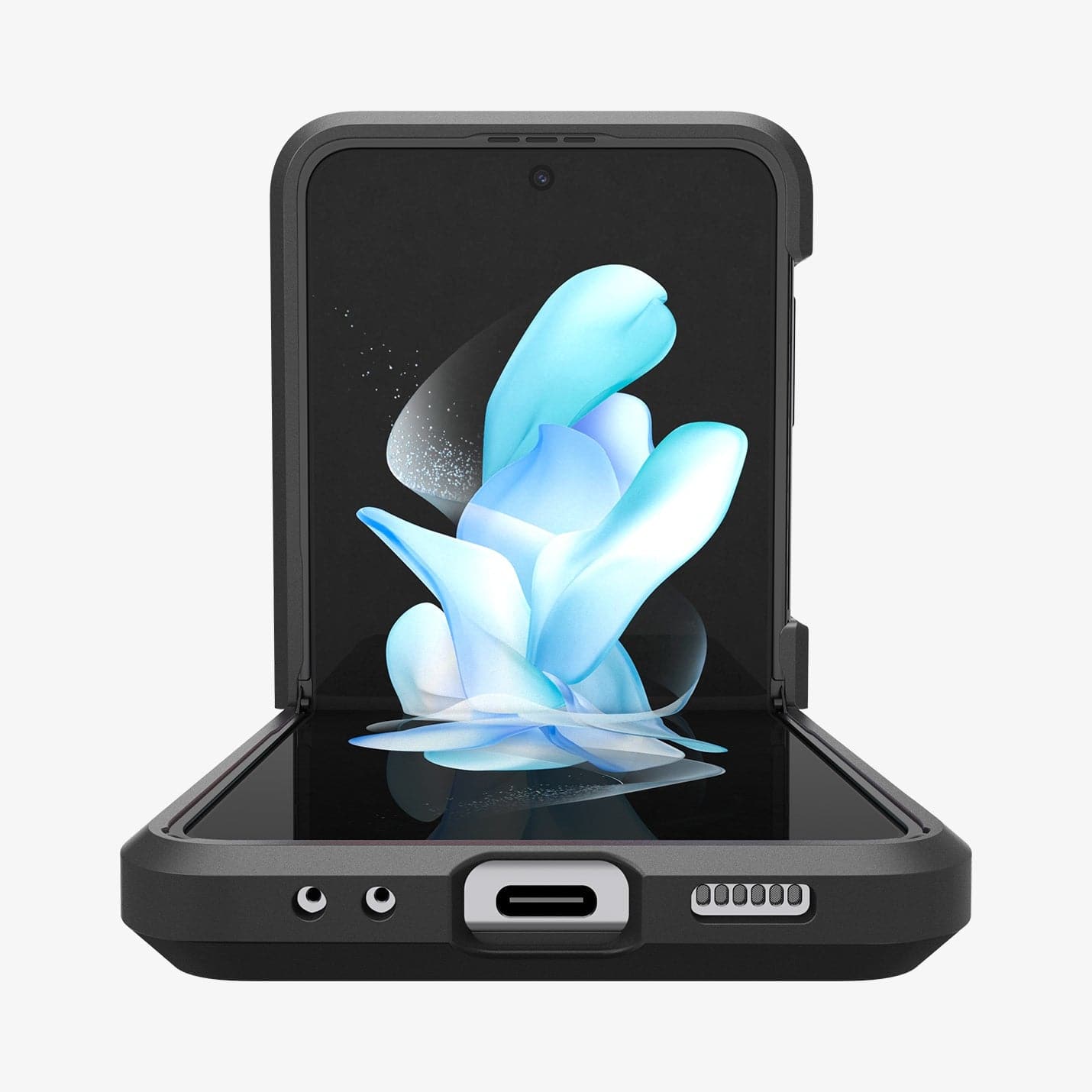 ACS05111 - Galaxy Z Flip 4 Case Tough Armor in black showing the front and bottom with device halfway opened