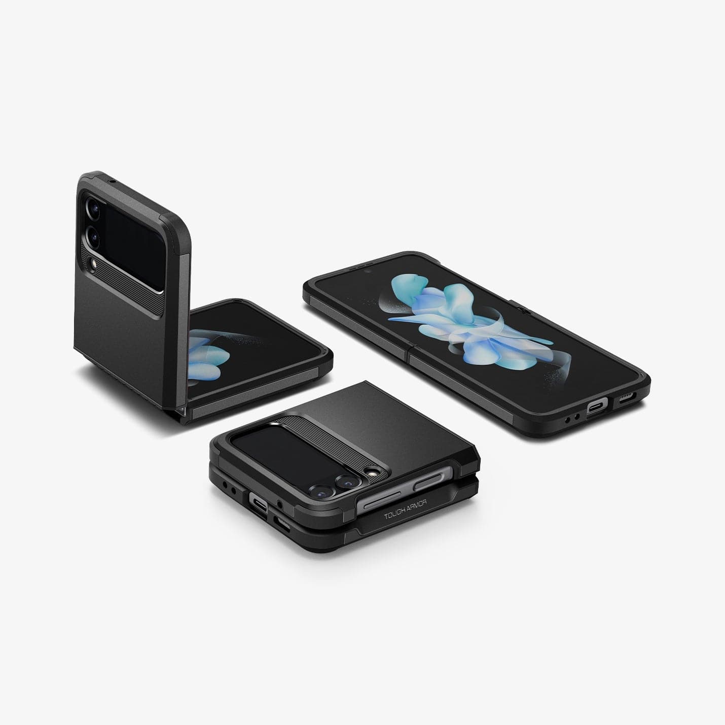 ACS05111 - Galaxy Z Flip 4 Case Tough Armor in black showing 3 different positions of device. One fully opened, one half opened and the last folded