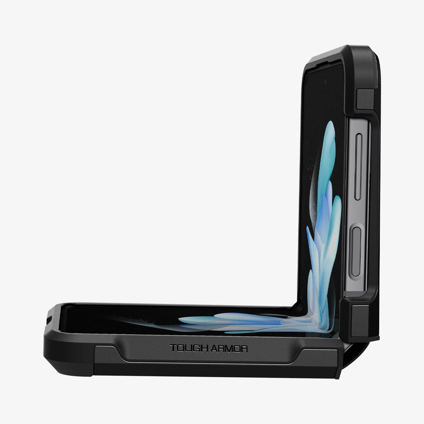 ACS05111 - Galaxy Z Flip 4 Case Tough Armor in black showing the side and partial front with device halfway opened