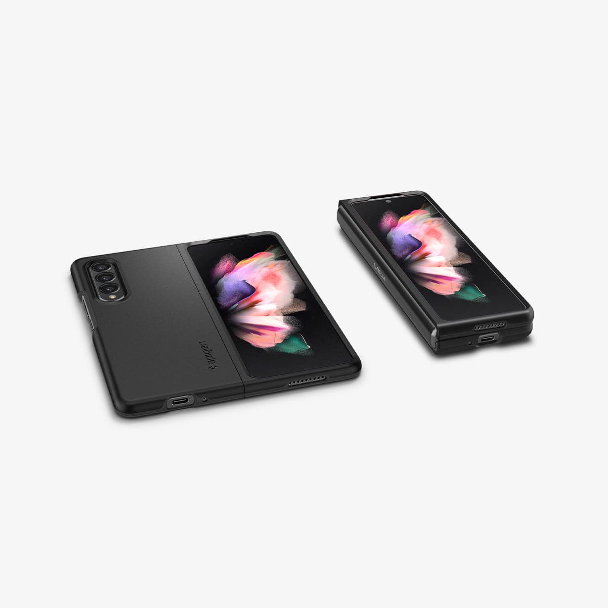 ACS03075 - Galaxy Z Fold 3 Case Thin Fit in black showing the front with device folded and front and back with device open fully
