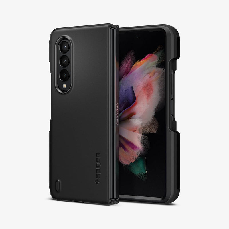 ACS03688 - Galaxy Z Fold 3 Case Thin Fit Pro in black showing the back, hinge and front with s pen not in slot