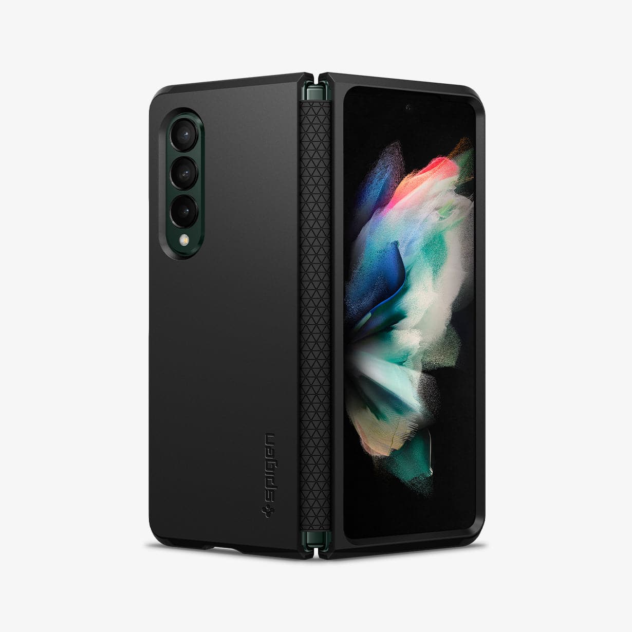 ACS03077 - Galaxy Z Fold 3 Case Tough Armor in black showing the back, front and hinge