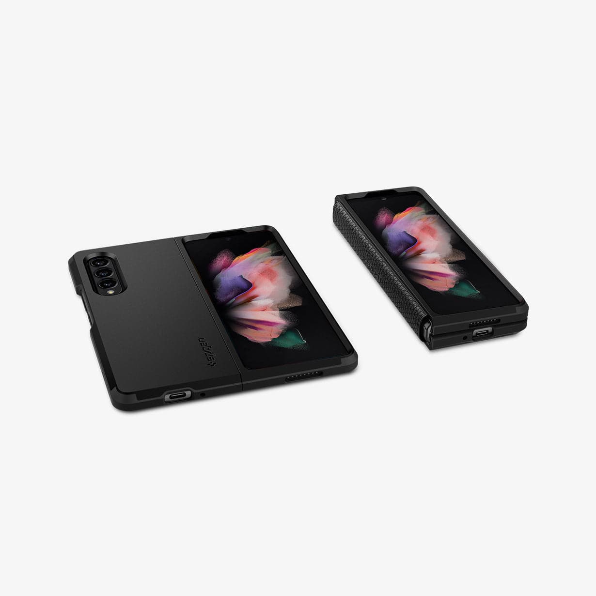 ACS03077 - Galaxy Z Fold 3 Case Tough Armor in black showing the front on fully closed device and front and back on fully opened device